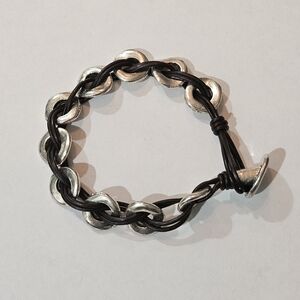 Vintage 80s Silver Link & Brown Leather Braided Bracelet Retro Western Moto